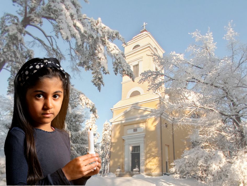 Tyttö Nokian kirkon edessä.