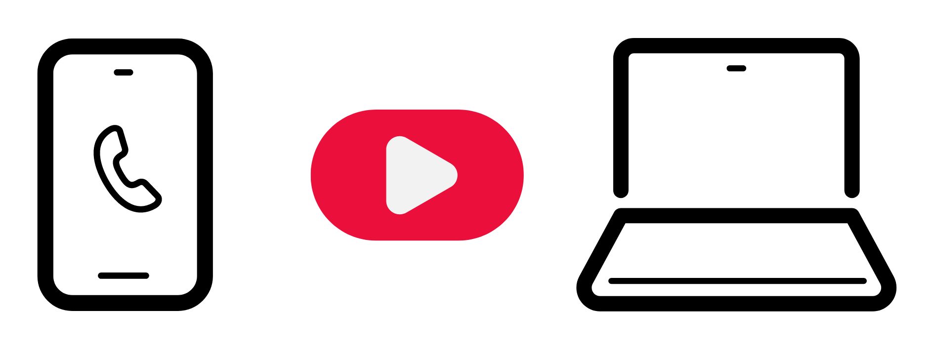 Puhelin, Youtuben logo, tietokone.