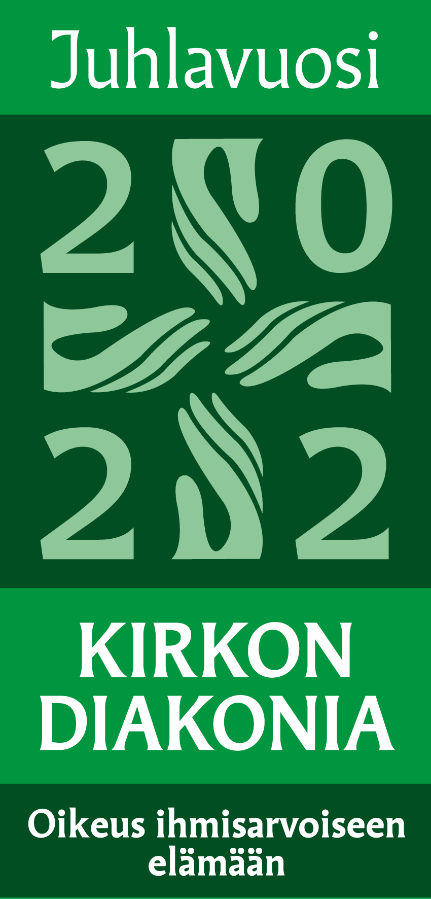 Diakonian juhlavuoden logo, jossa kädet muodostavat ristin. Teksti: Juhlavuosi 2022, kirkon diakonia, Oikeu...