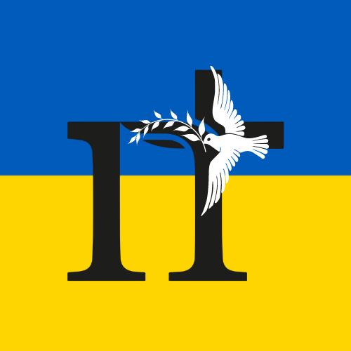 Nokian seurakunnan logon taustalla Ukrainan lipun värit ja N-kirjaimen päällä rauhan kyyhky.
