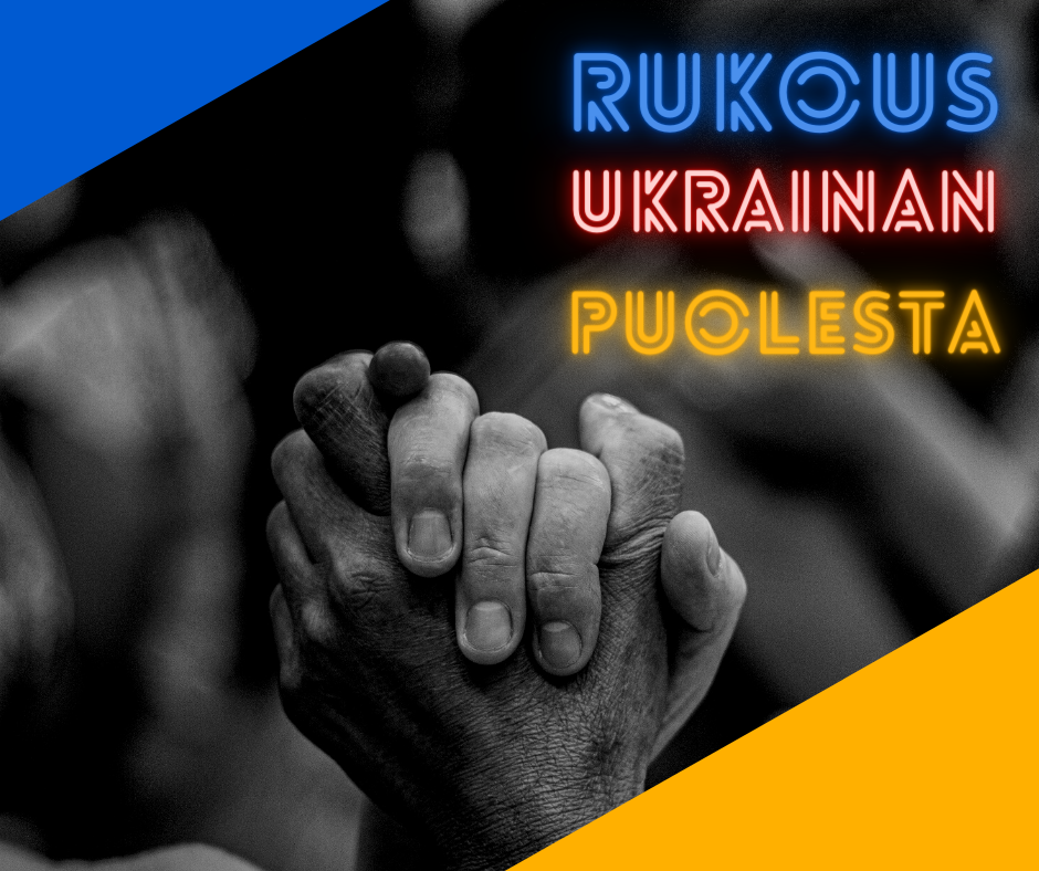 Rukoilevat kädet. Teksti: Rukous Ukrainan puolesta.